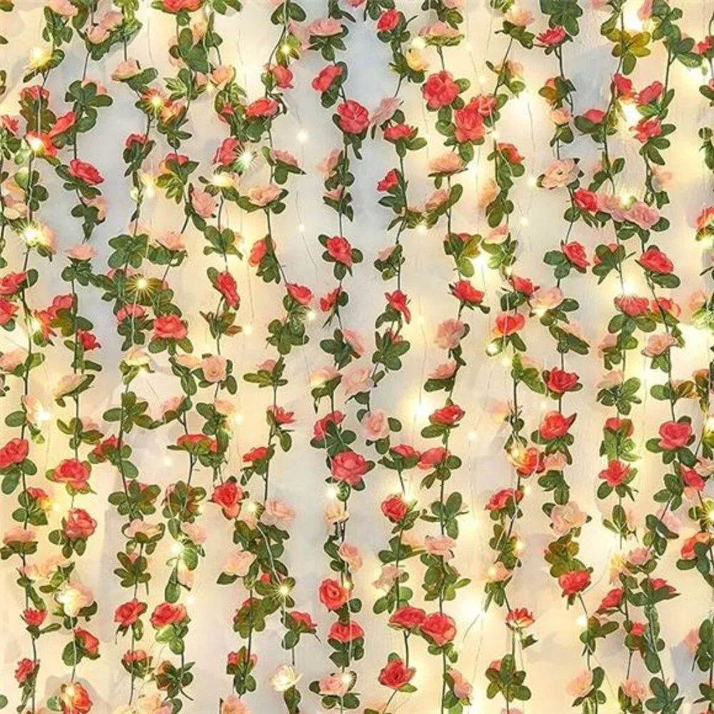 Artificial Rose Garland with LED String Lights Flower Vine Wedding Party Decor